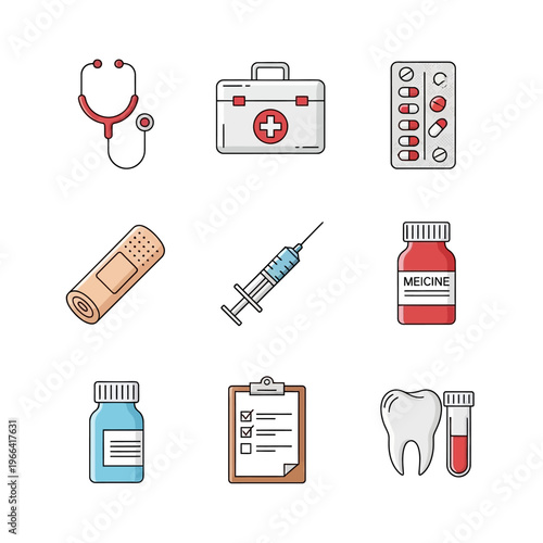 Medical Icons: Stethoscope, First Aid Kit, Pills, Bandage, Syringe, Medicine, Tooth, Test Tube