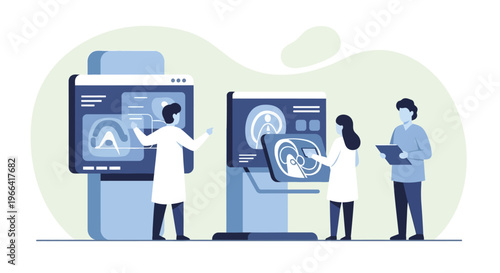 Medical professionals analyze MRI scans on futuristic digital displays in a modern clinic.