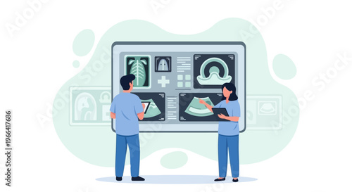 Medical professionals analyzing MRI and Ultrasound scans on a large screen, healthcare technology concept
