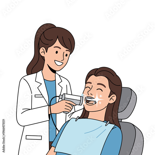 Dentist performing teeth whitening procedure on smiling woman in clinic