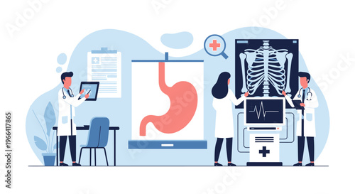 Doctors analyzing medical scans and stomach diagram in clinic, healthcare concept