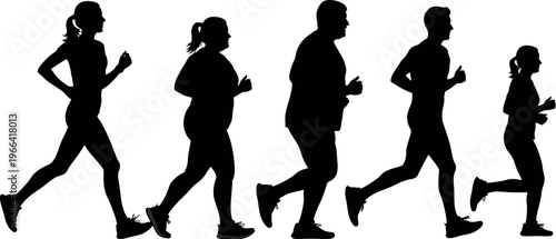 A group of people running together in a line, silhouetted against a white background
