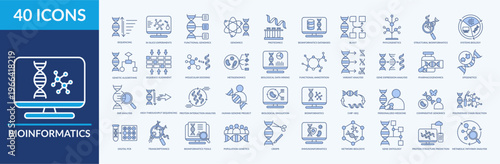 Bioinformatics icon set vector illustration. Containing icon of systems biology, molecular docking, variant analysis and more. Line Blue icon symbol collection