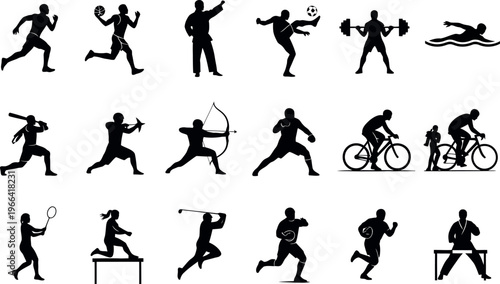 A collection of black silhouettes depicting various athletes engaged in different sports and exercises.