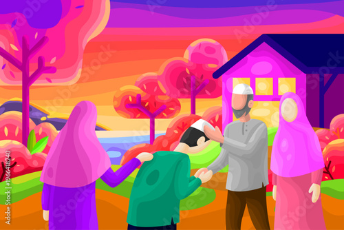 A Muslim family visits their hometown to meet their parents and siblings after Ramadan on Eid al-Fitr with a background of rural atmosphere, houses, and natural scenery in the afternoon