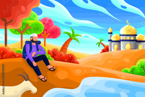 A Muslim male traveler and a goat are resting near an oasis after a journey to the mosque on Eid al-Adha. A colorful, faceless vector cartoon illustration for banners, landing pages, children's books