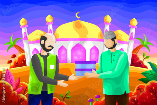 A young Muslim man is sharing with his neighbors during Eid al-Fitr after Ramadan with a natural landscape background at sunrise and a mosque. A colorful faceless vector cartoon illustration