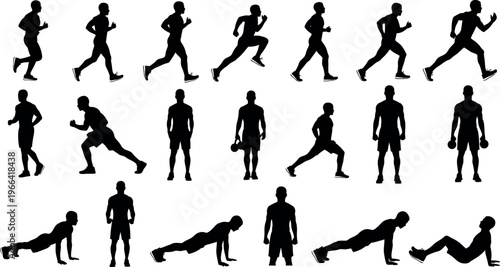 A collection of black silhouettes depicting various fitness exercises and running poses
