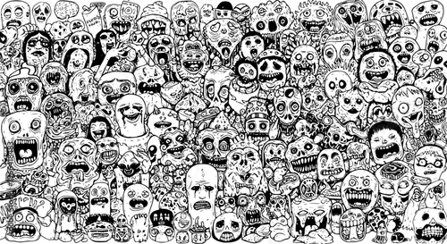 Black and White Hand-Drawn Doodle Art Horror Crowd with Grotesque Faces, Monsters, and Zombie Creatures  Spooky Halloween Fantasy Theme Illustration