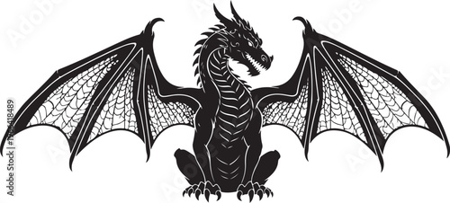 Black dragon illustration with wings spread wide on white background