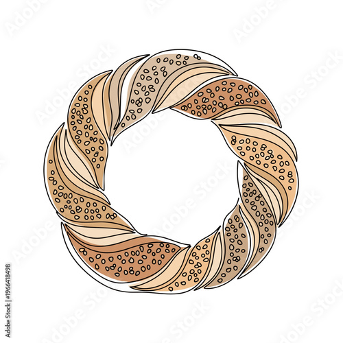 Turkish simit sesame bread ring in minimal continuous line illustration