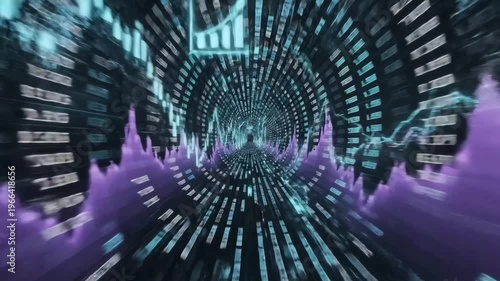 Futuristic digital tunnel of stock market data and financial charts moving at high speed in a glowing blue and purple cyber environment.