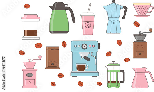 Coffee Equipment and Brewing Methods Collection with Espresso Machine, Grinder, French Press and Pour Over, Cute Kitchen Appliance Vector Illustration Set