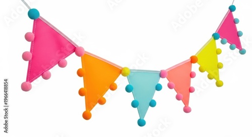 Colorful fabric bunting garland with pompoms isolated on white background