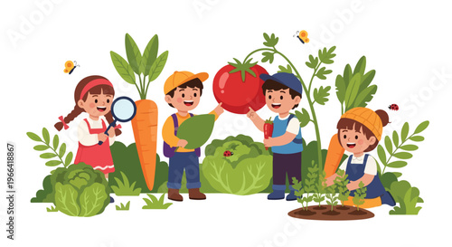 A group of cheerful young children enjoy discovering and harvesting oversized vegetables in a colorful and educational garden setting.