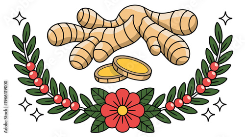 Decorative ginger root floral wreath herbal botanical spice illustration design