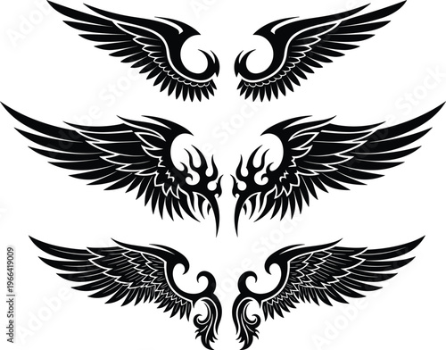 Collection of black tribal wings vector graphics.