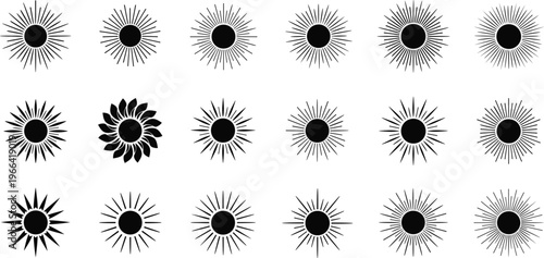 Arrangement of abstract sun symbols and starbursts.