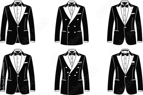 Set of six black and white tuxedo suits for men with bow ties on transparent background.