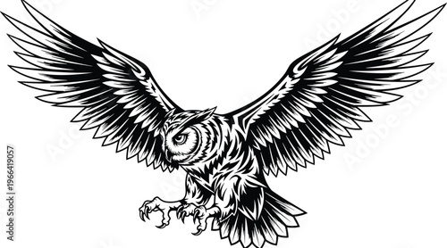 Black and white illustration of an owl with spread wings in flight isolated on transparent background.