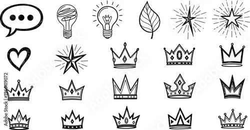Collection of hand drawn doodle icons including speech bubble light bulbs stars crowns leaf and heart on transparent background.