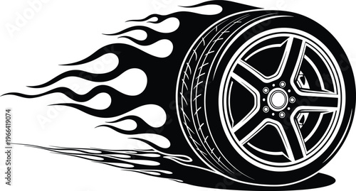Black illustration of a car tire with flames and smoke trail on transparent background.