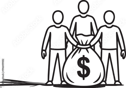 Three stylized human figures in a line holding a large money bag with a dollar sign surrounded by stacks of cash symbolizing financial success wealth accumulation and business
