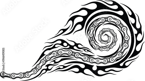 Tribal dragon head with flame elements and chain bike detail stylized tattoo vector art.