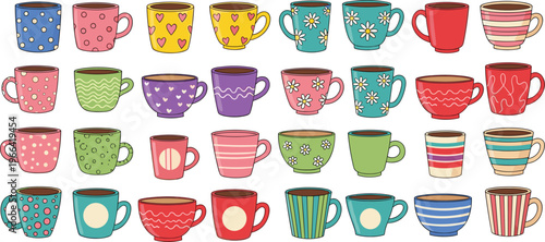 Colorful Coffee Cups Collection with Different Patterns and Designs, Cute Mug Set for Tea and Beverage Lovers Vector Illustration