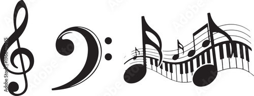 Music notes and treble clef on piano keyboard