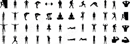 A collection of black silhouettes depicting various fitness exercises and poses on a white background
