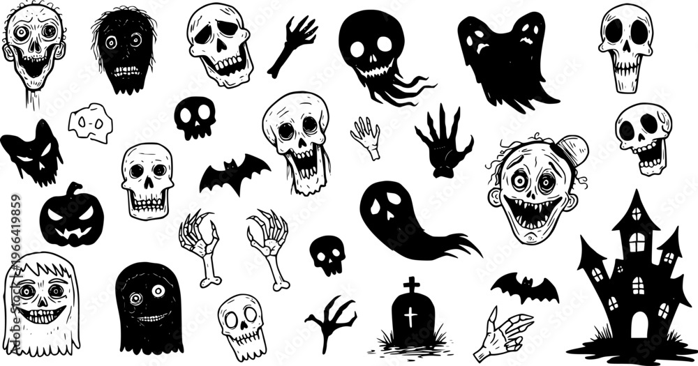 Fototapeta premium Spooky Halloween Black and White Line Art Vector Elements: Skulls, Ghosts, Bats, Pumpkins, Haunted House