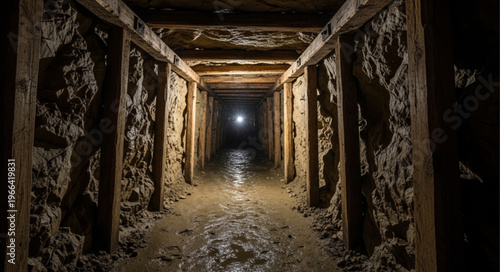 Eerie Tunnel Perspective - Dark Underground Passage with Dim Light.
