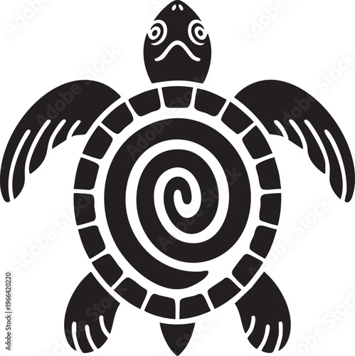 Stylized black silhouette of a sea turtle with a spiral pattern on its shell depicted with spread flippers and a simple head isolated on a neutral gray background