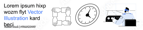 Teamwork, time efficiency, project management, workflows, workplace operations, collaboration. Interlocked hands, an analog clock and a control room setting. Teamwork and time efficiency concepts