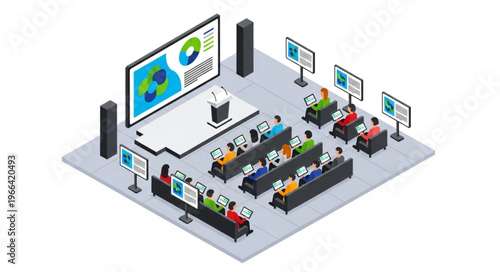Isometric Conference Room Illustration with Presentation and Audience.