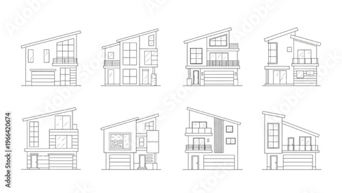 Vector line art set of modern contemporary house architectural designs