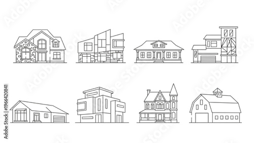 Diverse vector outline illustrations of residential homes and architectural styles