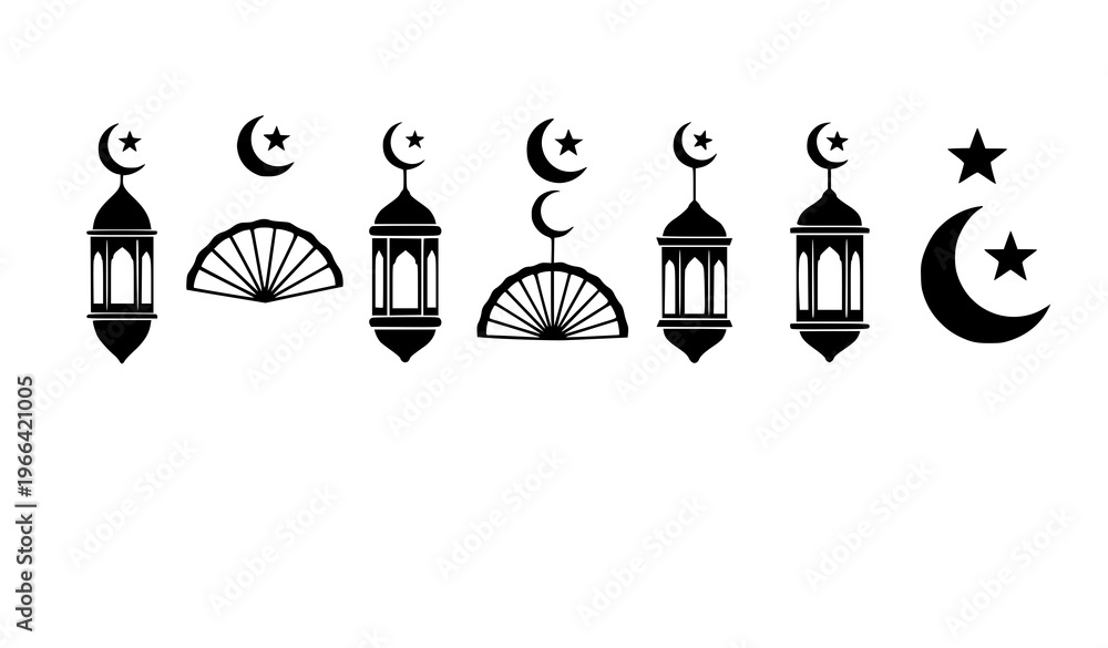 Fototapeta premium Ramadan icon set lantern crescent moon star Islamic symbols black vector illustration isolated on white background