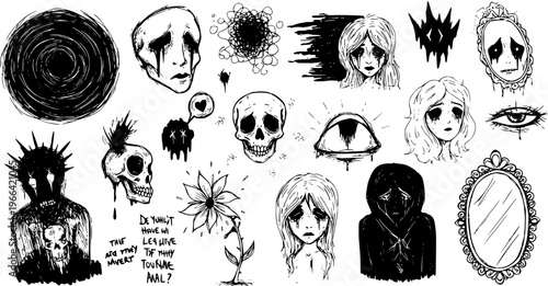 Black and White Hand-Drawn Grunge Line Art Illustrations for Emotional Distress and Mental Health Themes, featuring Crying Characters, Skulls, and Gothic Elements.