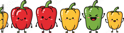 Cute Bell Pepper Cartoon Characters with Different Colors and Emotions, Kawaii Vegetable Mascots Set for Healthy Food Vector Illustration