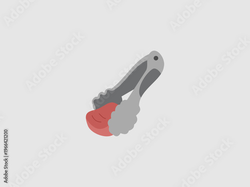 A simple illustration of silver metal kitchen tongs gripping a piece of red meat or steak