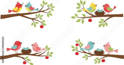 Konstfotografi Cute Birds on Tree Branches Collection with Nests, Eggs and Cherry Fruits, Kawai