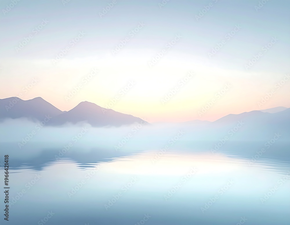 Fototapeta premium Serene landscape with misty mountains and calm lake at sunrise