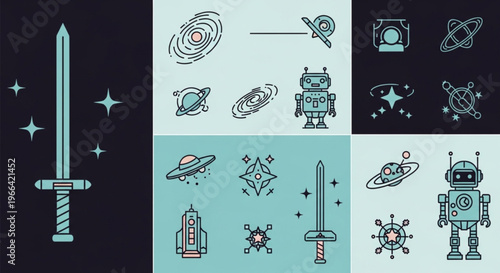 Vibrant vector icon set featuring space adventure elements, celestial bodies, advanced robots, and mythical swords for diverse sci-fi and fantasy design projects