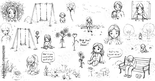 Black and White Hand-Drawn Line Art Illustrations of Sad Children and Emotional Distress, Reflecting Childhood Mental Health and Depression