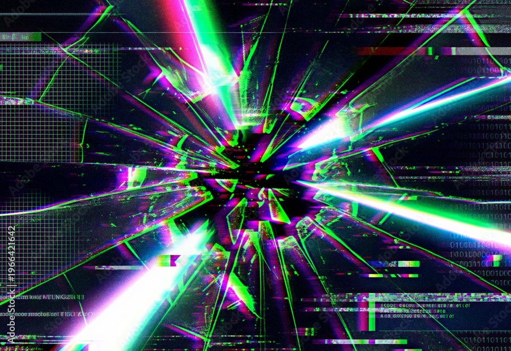 Obraz premium Vibrant digital glitch art features colorful futuristic light rays and geometric patterns