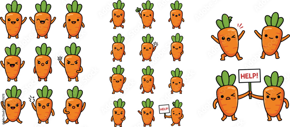 Obraz premium Cute Carrot Cartoon Characters Collection with Funny Emotions and Poses, Kawaii Vegetable Mascots Set for Healthy Food Design Vector Illustration