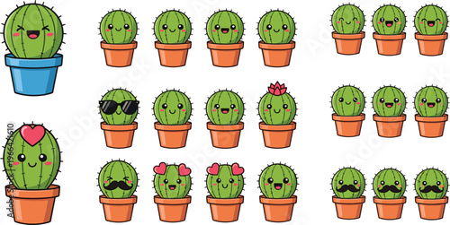 Cute Cactus Cartoon Characters in Pots with Funny Faces and Emotions, Kawaii Succulent Plants Collection for Home Decor Vector Illustration Set