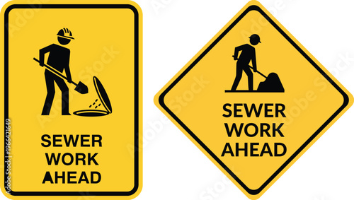 Sewer work ahead road signs set